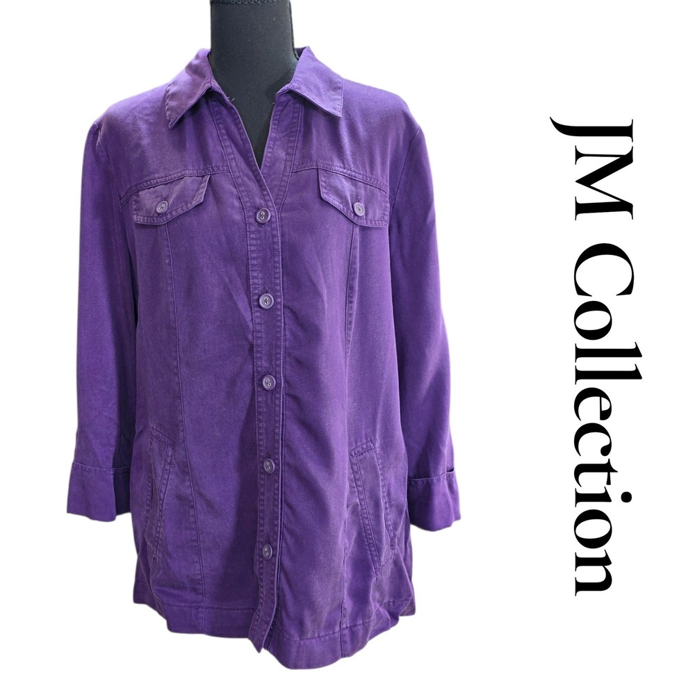 JM Collection Shirt Women 8 Purple Tencel Lyocell Utility Button Down Pockets